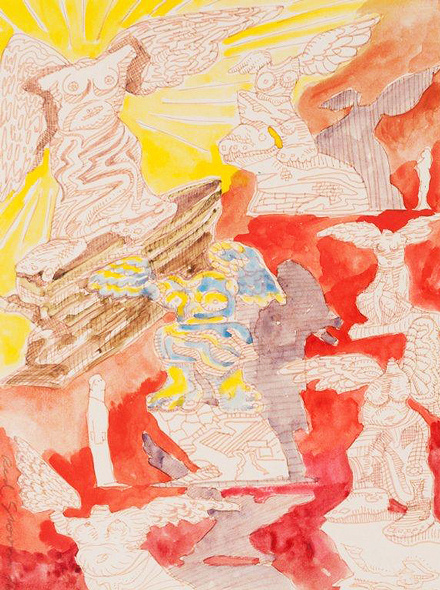A watercolor with yellow and orange backgrounds, almost like clouds. Throughout the work are many drawings of a sculpture of a body with wings and missing its head, like the famous winged victory sculpture in the Louvre museum.