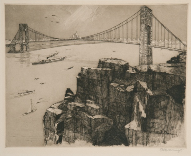 A drawing of the Manhattan bridge overlooking a boulder with few ships sailing under the bridge with city skyscape in the background.