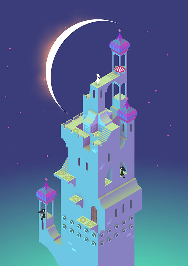 A tall tower with Arabic-inspired turrets drawn in two-point perspective. At the top of the tower, a small figure looks up at a massive crescent moon in the distance. The moon is one third the size of the tall tower. 