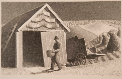 An etching of a farmer carrying a container full of produce walking in front of small barn. There's a wooden wheelbarrow next to the barn with a farm in the background.
