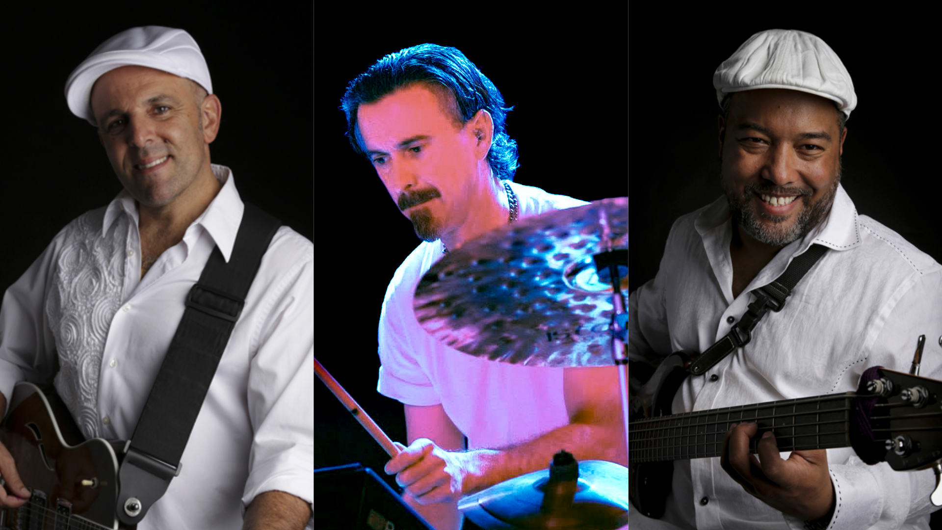 Headshots of male performers wearing white with their instruments