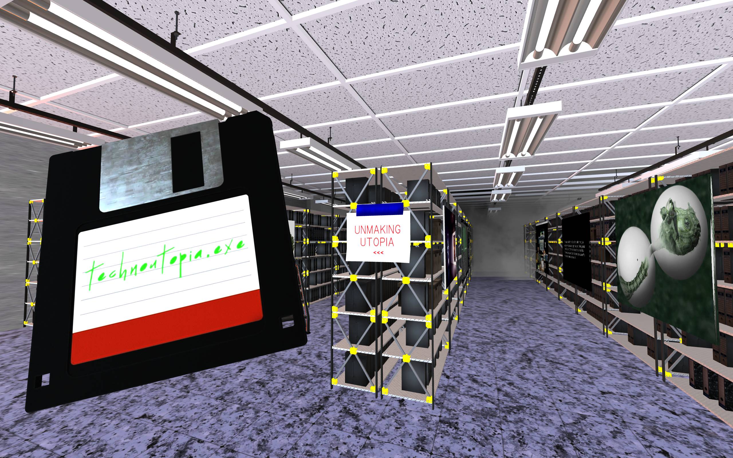 a large floppy disk floating in a storage facility with dropped ceilings and fluorescent light fixtures
