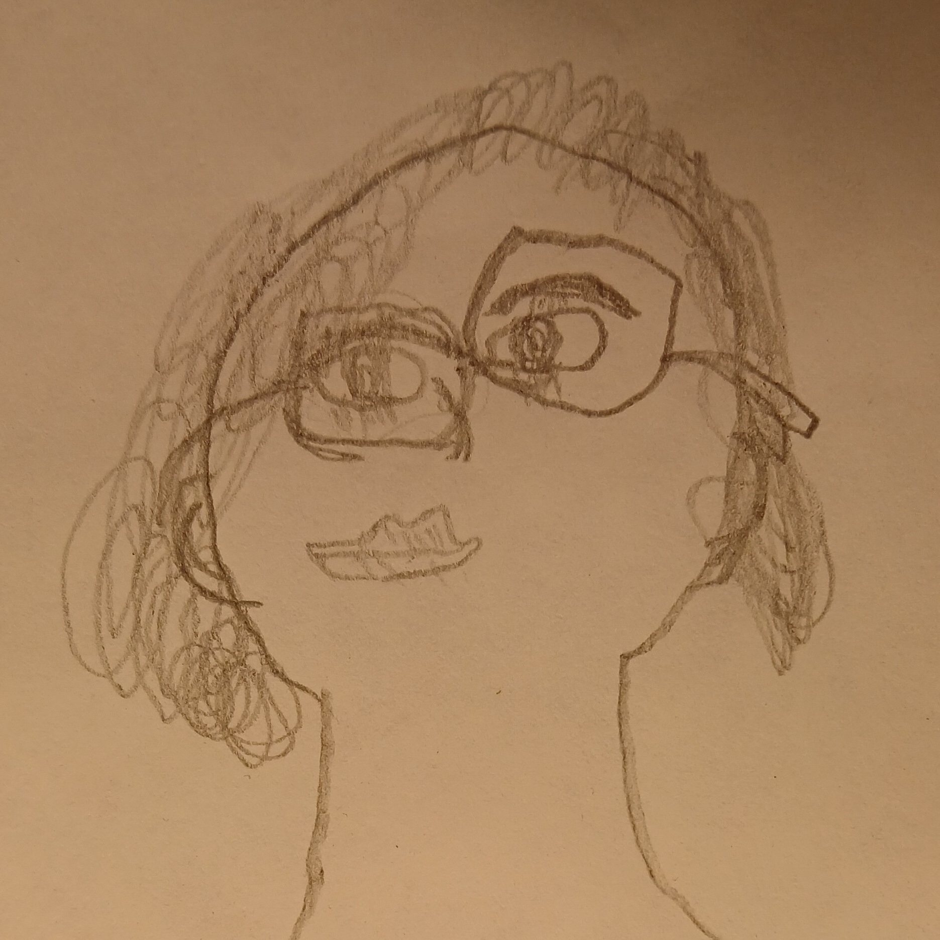 a drawing of a person wearing glasses with short curly hair