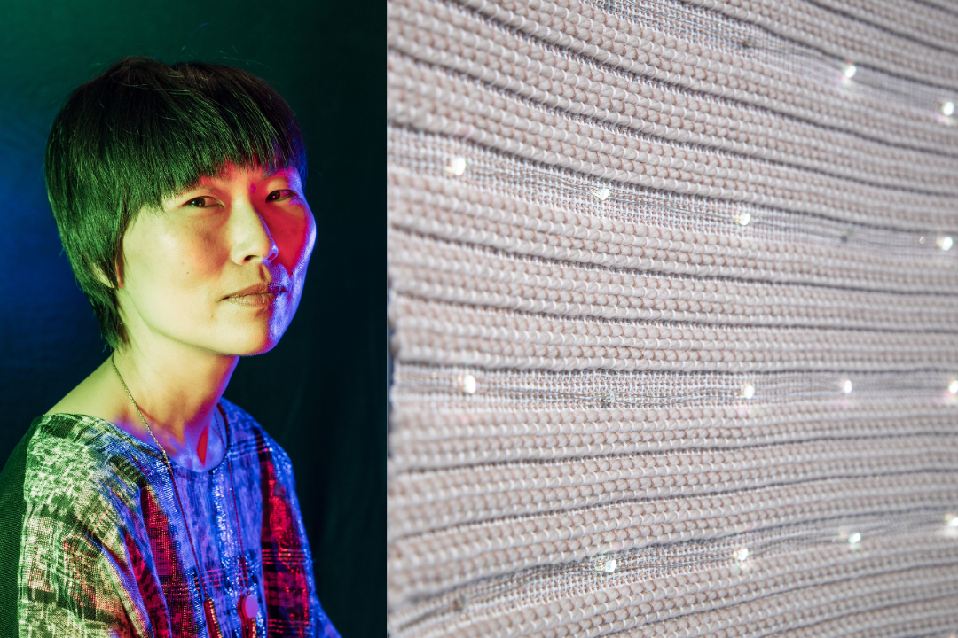 headshot of an asian woman with a short bob and woven textile with led lights