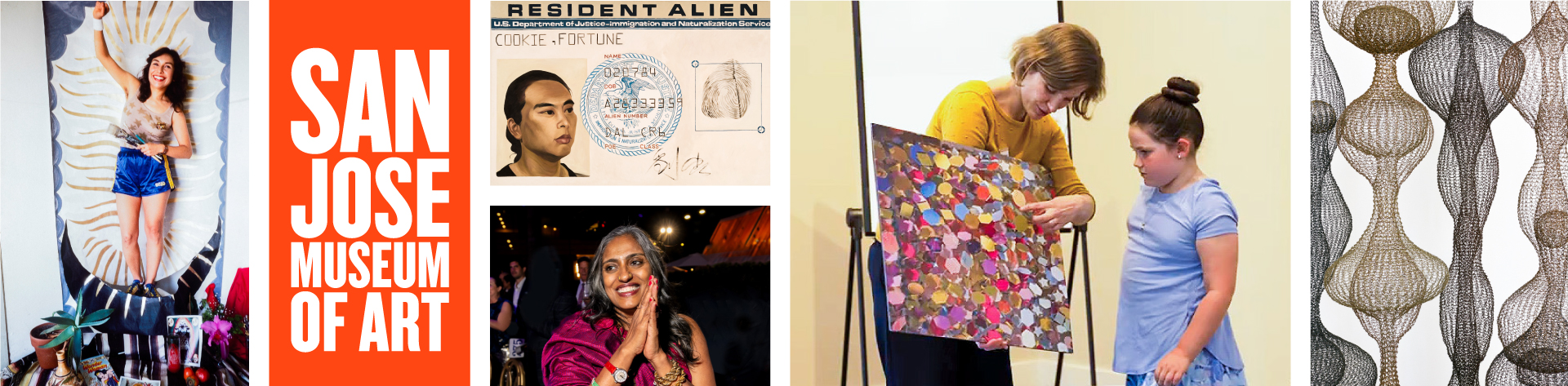 A female artist stands in front of her painting among her art supplies. Next to the photo is the San José Museum of Art logo. To the right of the logo  are two stacked images: one of Hung Liu’s self portrait and below that a photograph of Chitra Ganesh smiling with her hands clasped. Finally there is a detail of mesh and wire orbs of varying shapes and sizes by artist Ruth Asawa.