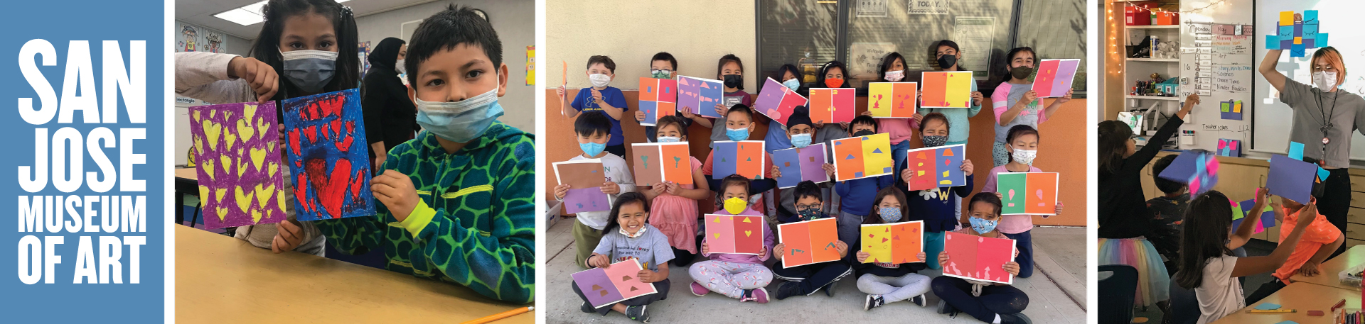 Elementary school students proudly holding up the artwork they created during Sowing Creativity. An art educator holds up an example artwork for the class. 